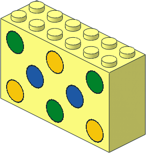 Brick  2 x  6 x  3 with Green, Yellow and Blue Dots Pattern