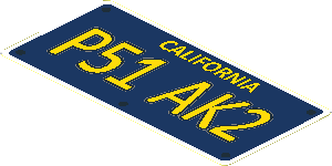 Sticker  1.9 x  3.9 with Dark Blue License Plate and Yellow "CALIFORNIA P51 AK2"