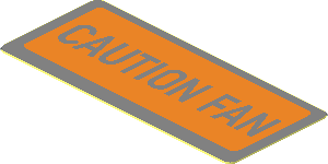 Sticker  0.8 x  1.9 with Rounded Corners and Orange and Metallic Silver "CAUTION FAN"