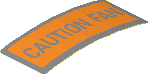 Sticker  0.8 x  1.9 with Rounded Corners and Orange and Metallic Silver "CAUTION FAN" (Formed)