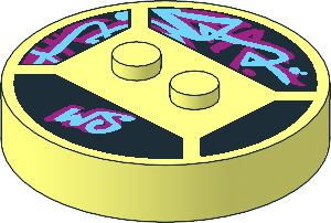 Brick  4 x  4 x  0.667 Round with RFID Tag and  2 Studs with Medium Azure and Magenta "WS" Pattern