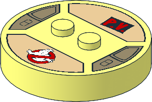 Brick  4 x  4 x  0.667 Round with RFID Tag and  2 Studs with Ghostbusters Logo and "P.V." Pattern