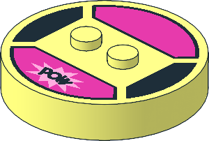 Brick  4 x  4 x  0.667 Round with RFID Tag and  2 Studs with Dark Pink Panel and "POW" Pattern