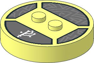 ~Brick  4 x  4 x  0.667 Round - Top with  2 Studs with White Rune Character and Metallic Silver Lines Pattern