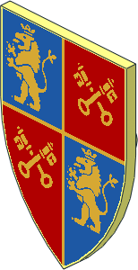 Minifig Shield Triangular Long with Gold Rampant Lions and Crossed Keys Pattern