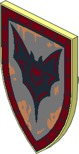 Minifig Shield Triangular Long with Dark Red Edge with Rivets and Black Bat on Metallic Silver Background Pattern