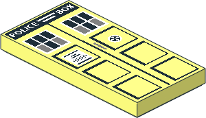 Tile  2 x  4 with White "POLICE BOX", Black Squares, Windows, Notice and Door Handle Pattern