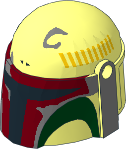 Minifig Helmet Mandalorian with Dark Red Visor, Dark Green Cheeks, Yellow Strokes and Metallic Silver Weathering Pattern