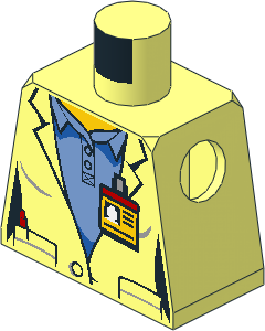 Minifig Torso Female with Lab Coat over Medium Blue Shirt with ID Badge and Space Shuttle Logo on Back Pattern