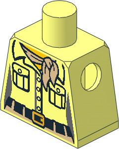 Minifig Torso with Female Shirt with  2 Pockets, Tan Scarf and Black Belt with Gold Buckle Pattern