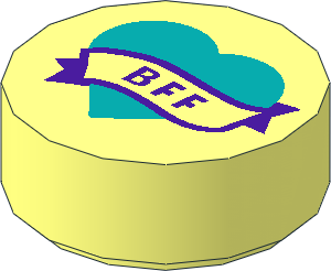 Tile  1 x  1 Round with Dark Turquoise Heart and Medium Lilac Banner with "BFF" Pattern