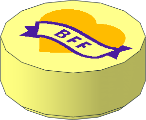 Tile  1 x  1 Round with Bright Light Orange Heart and Medium Lilac Banner with "BFF" Pattern