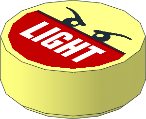 Tile  1 x  1 Round with White "LIGHT" on Red Half and Angry Eyes Pattern