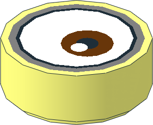 Tile  1 x  1 Round with Metallic Silver Goggles Outline and Off-Centred Reddish Brown Eye Pattern