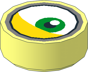 Tile  1 x  1 Round with Metallic Silver Goggles Outline and Off-Centred Green Eye and Yellow Arched Eyelid Pattern