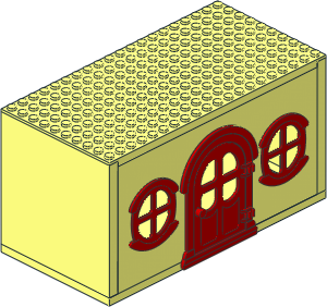 Fabuland House Block with Red Door and 2 Red Round Windows with Four Quadrant Panes (Complete)