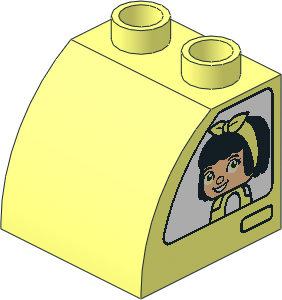 Duplo Brick  2 x  2 x  1.5 with Curved Front with Boy with Cap, Girl with Bow, and White Vehicle Windows Pattern