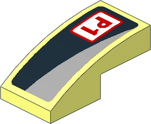 Slope Brick Curved  2 x  1 with Red "P1" and Grey Triangle on Black Background Right Sticker