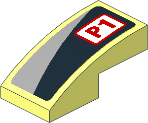 Slope Brick Curved  2 x  1 with Red "P1" and Grey Triangle on Black Background Left Sticker