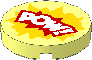 Tile  2 x  2 Round with Round Underside Stud with White "POW!" on Red and Yellow Burst Cloud Pattern