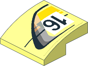 Slope Brick Curved  2 x  2 x  0.667 with Door Outline with Black 16 in White Frame with Yellow Stripes on Transparent Background Right