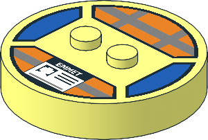 Brick  4 x  4 x  0.667 Round with RFID Tag and  2 Studs with Reflective Stripes and ID Badge with "EMMET" Pattern