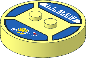 ~Electric Brick  4 x  4 x  0.667 Round - Top with  2 Studs with White "LL 929" and Faded Classic Space Logo Pattern