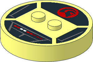 ~Electric Brick  4 x  4 x  0.667 Round - Top with  2 Studs with Dark Bluish Grey Panel Lines, Red and White Lights and Knight Rider Symbol Pattern