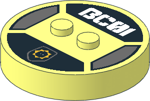 ~Electric Brick  4 x  4 x  0.667 Round - Top with  2 Studs with White "BC01" and Badge with Minifig Head Pattern