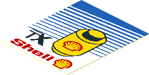 Sticker  2.3 x  1.9 with Yellow Round Brick, "TX Shell", Shell Logo and Striped Background