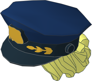 Minifig Police Hat Dark Blue with Hair Pulled Into Bun with Metallic Gold Badge and Laurel on Black Visor Pattern