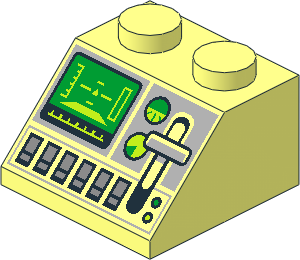 Slope Brick 45  2 x  2 with Green Control Screen, Gauges, Light Bluish Grey Lever and Silver Buttons Pattern