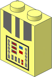 Brick  1 x  2 x  2 with Dark Bluish Grey Armour and Control Panel with Red and Blue Buttons Pattern