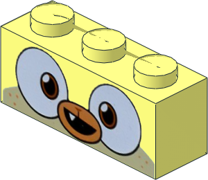 Brick  1 x  3 with Dog Face Wide Dark Orange Eyes, Medium Nougat Muzzle, Open Mouth Crooked Smile with 1 Tooth Pattern