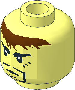 Minifig Head with White Pupils, Black Ringbeard, Brown Messy Hair and  3 Marks Below Left Eye Pattern