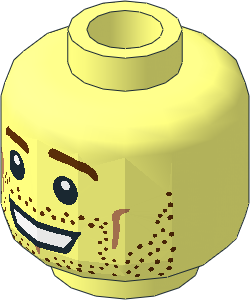 Minifig Head with Reddish Brown Eyebrows, Open Mouth Smile, Stubble, White Pupils Pattern