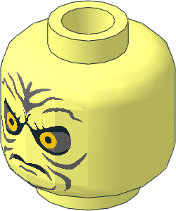 Minifig Head with SW Yellow Eyes, Black Eyebrows and Dark Bluish Grey Wrinkles Pattern