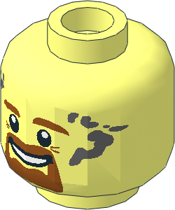 Minifig Head with Dark Orange Eyebrows, Goatee, Moustache and Dark Bluish Grey Soot Marks Pattern