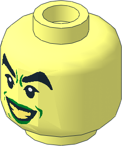 Minifig Head Female with Black Thick Eyebrows, Green Lips, Open Smile with Bright Light Yellow Teeth Pattern