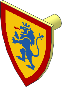Minifig Shield Triangular with Blue Lion Standing with Raised Foot on Yellow Background with Red Border Pattern