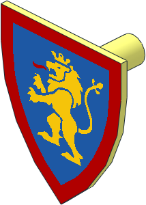 Minifig Shield Triangular with Yellow Lion Standing with Raised Foot on Blue Background with Red Border Pattern