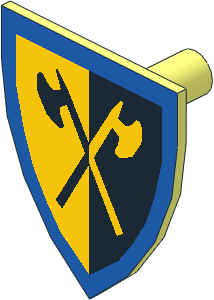 Minifig Shield Triangular with Yellow and Black Crossed Halberds and Blue Border Pattern