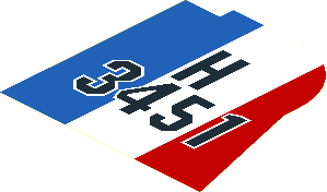 Sticker  5.8 x  5.8 with Black "H3451" on Blue, Red and White Stripes Left