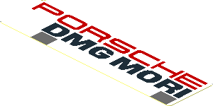 Sticker  1.0 x  3.8 with Red "PORSCHE" and Black "DMG MORI" and Dark Grey Squares on White Background Right