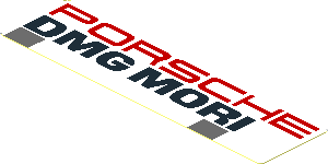 Sticker  1.0 x  3.8 with Red "PORSCHE" and Black "DMG MORI" and Dark Grey Squares on White Background Left