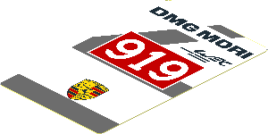 Sticker  3.0 x  1.8 with Black "DMG MORI" and White "919" in Red Frame and Dark Grey Lines on White Background