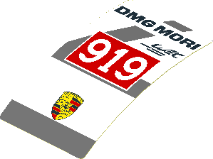 Sticker  3.0 x  1.8 with Black "DMG MORI" and White "919" in Red Frame and Dark Grey Lines on White Background (Formed)