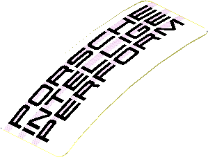 Sticker  0.8 x  1.9 with Black "PORSCHE INTELLIGE PERFORM" on Black Halftone Stripes on White Background (Needs Work) (Formed)