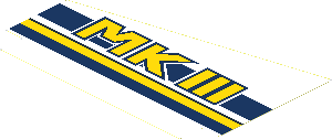 Sticker  4.3 x  6.8 Trapezium with Yellow "MKIII", Dark Blue and Yellow Stripes Sloped Left