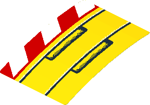 Sticker  2.6 x  3.5 with Black Lines and Rectangles and Red and White Danger Stripes Leaning Right (Formed)